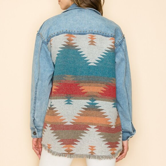 NWT W.A.Y Wonderful & Young Denim Oversized Aztec Jacket With Studs - Picture 5 of 5